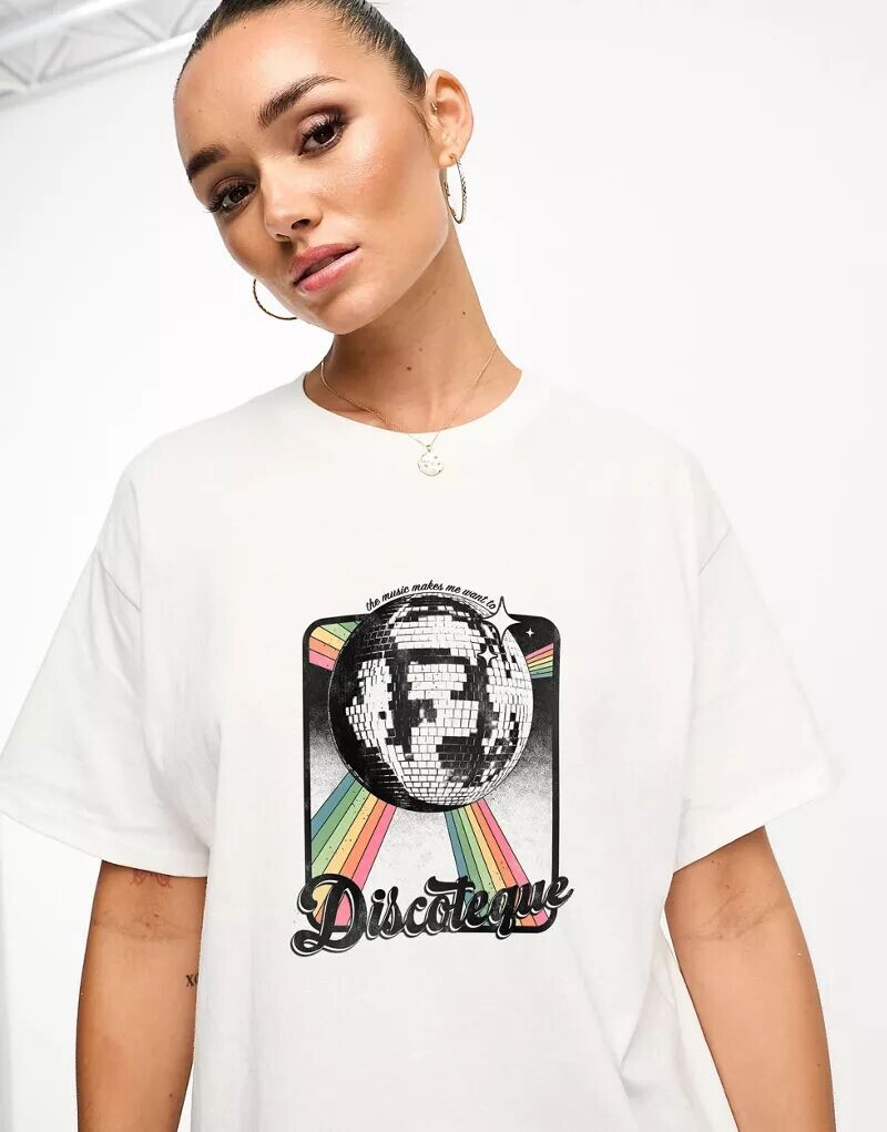 

Белая объемная футболка с дискотечным принтом PRNT X ASOS