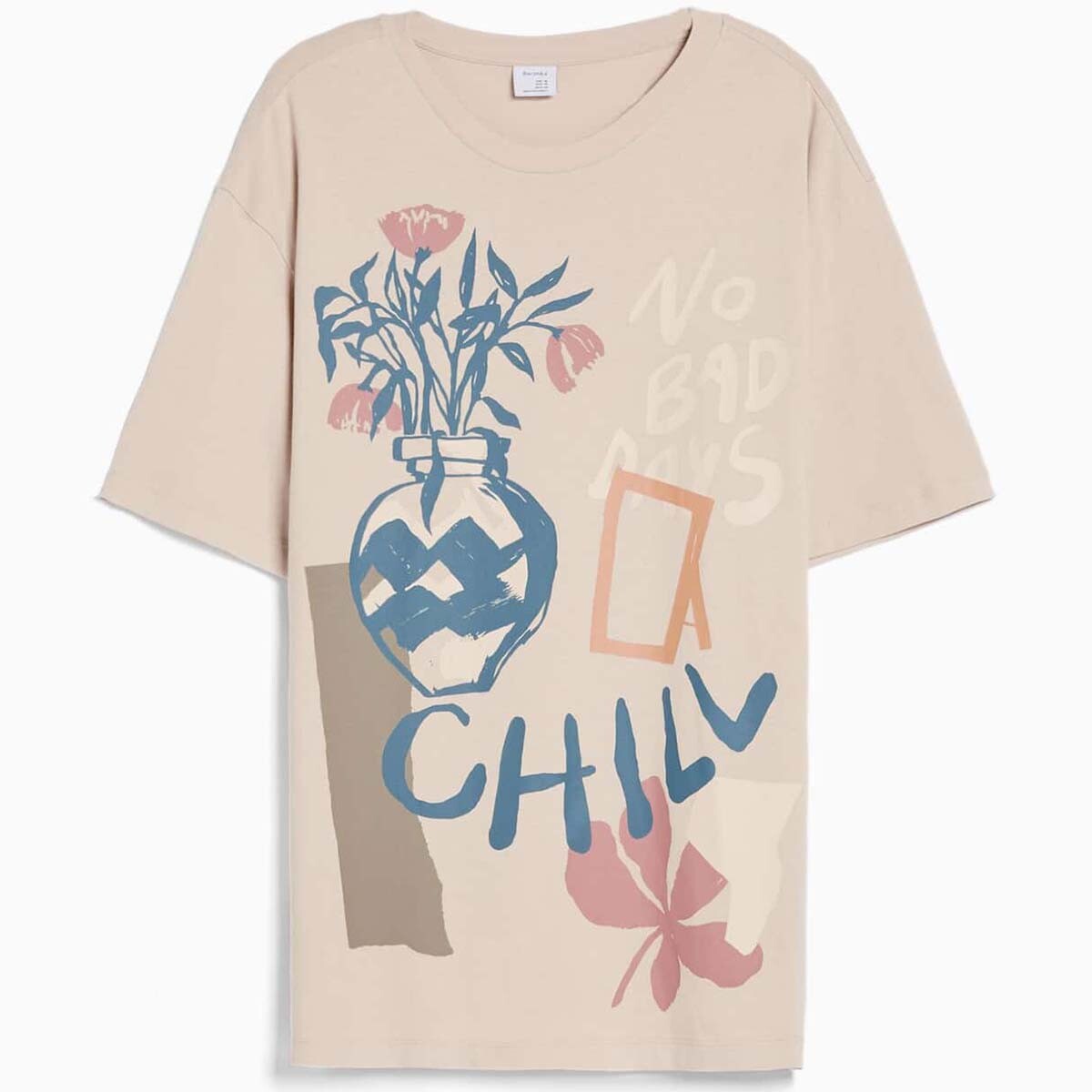 

Футболка Bershka Print Easy Fit Short Sleeve, розовато-бежевый