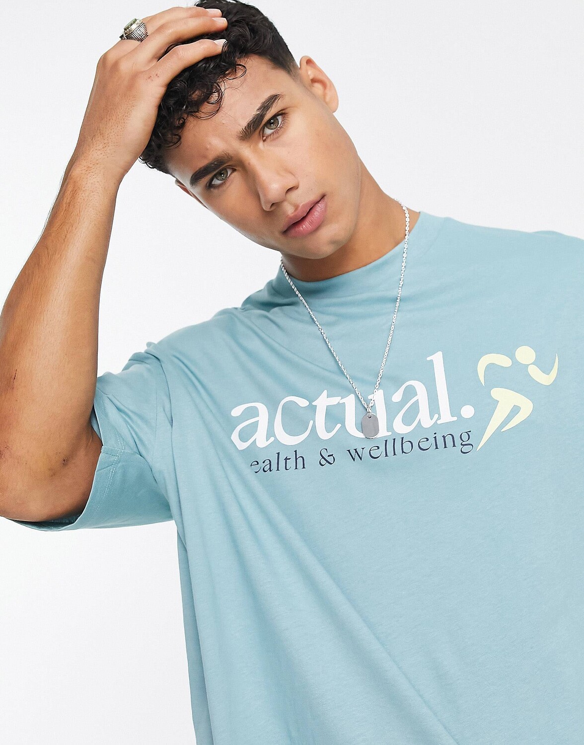 

Синяя оверсайз-футболка с логотипом спереди ASOS Actual