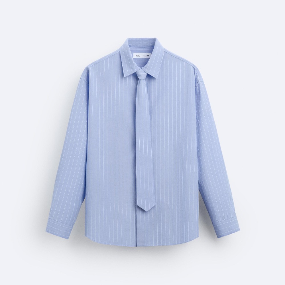 Рубашка Zara Striped With Tie, голубой рубашка zara striped with embroidery голубой белый