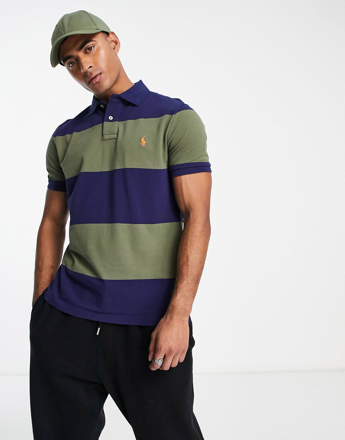 

Темно-сине-темно-зеленое поло из пике с полосками и полосками Polo Ralph Lauren