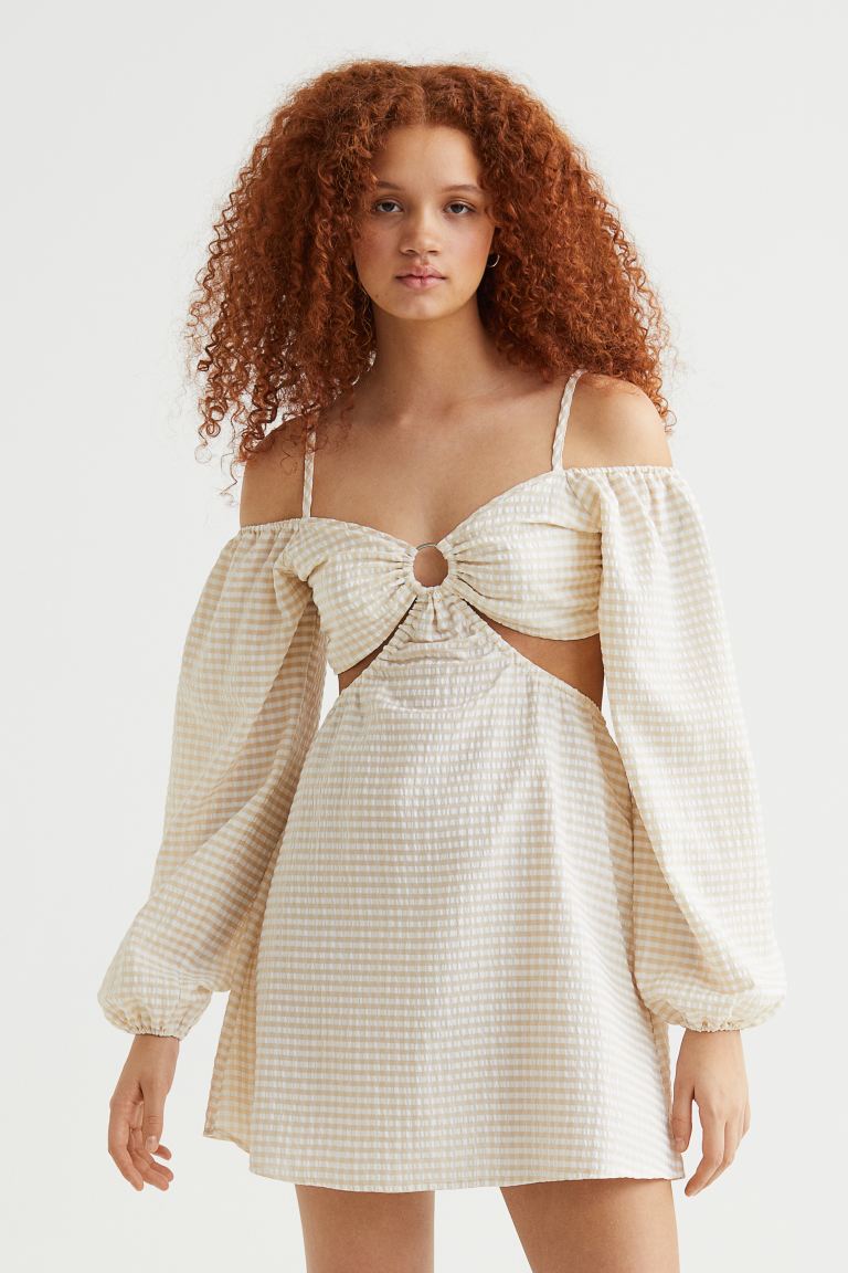 Короткое платье с вырезами H&M, светло-бежевый/белая клетка платье с открытыми плечами h