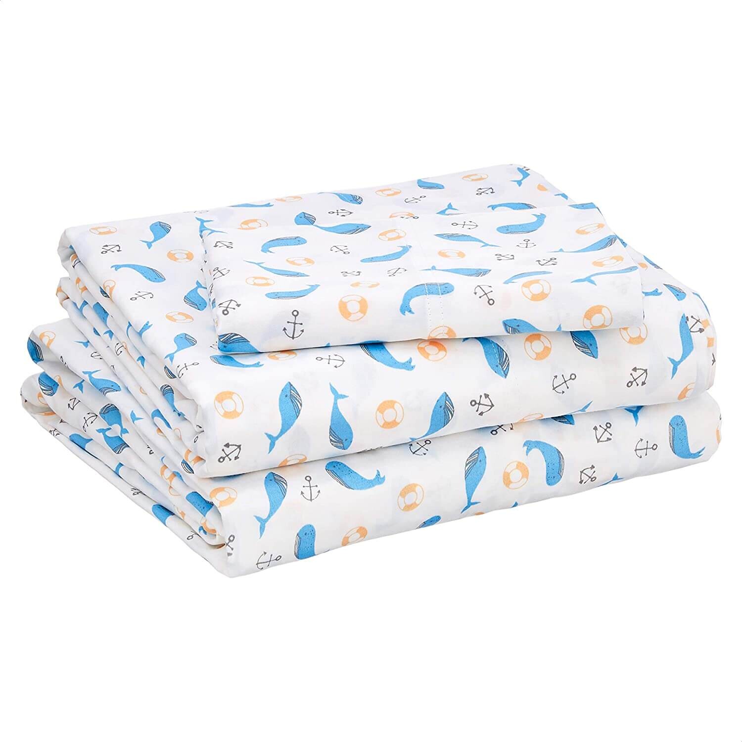 

Комплект постельного белья Amazon Basics Kids 100% Cotton Whales, 3 предмета, белый/голубой