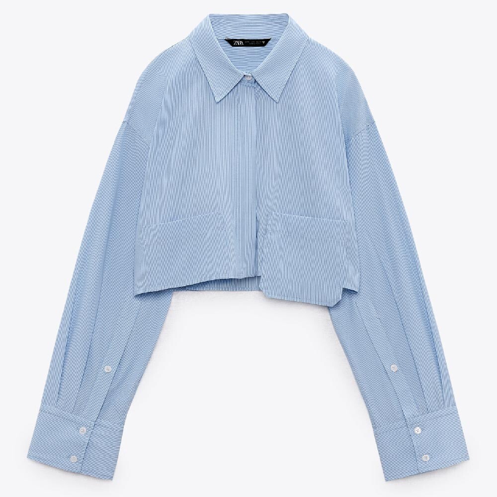 

Рубашка Zara Cropped Poplin, небесно-голубой/белый