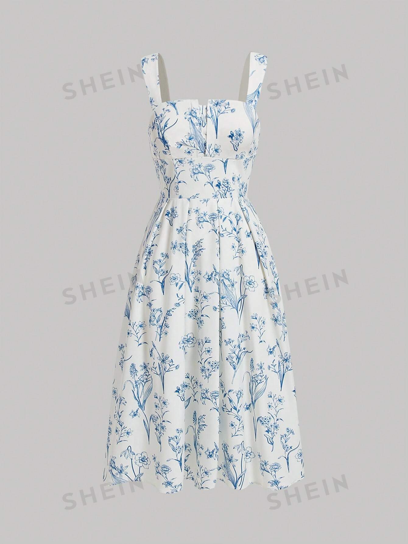 цена SHEIN MOD Романтическое длинное платье на бретельках с цветочным принтом на весенние каникулы, синий