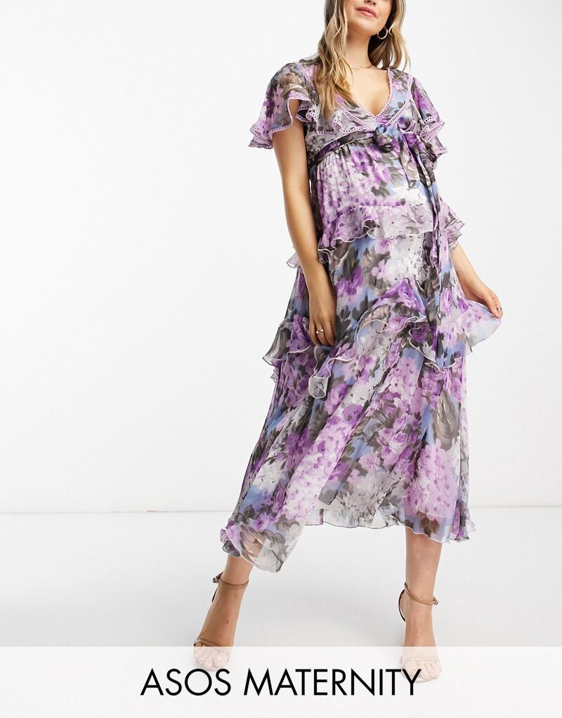 

Сиреневое платье миди с кружевной вставкой и открытой спиной ASOS DESIGN Maternity с крупным цветочным принтом