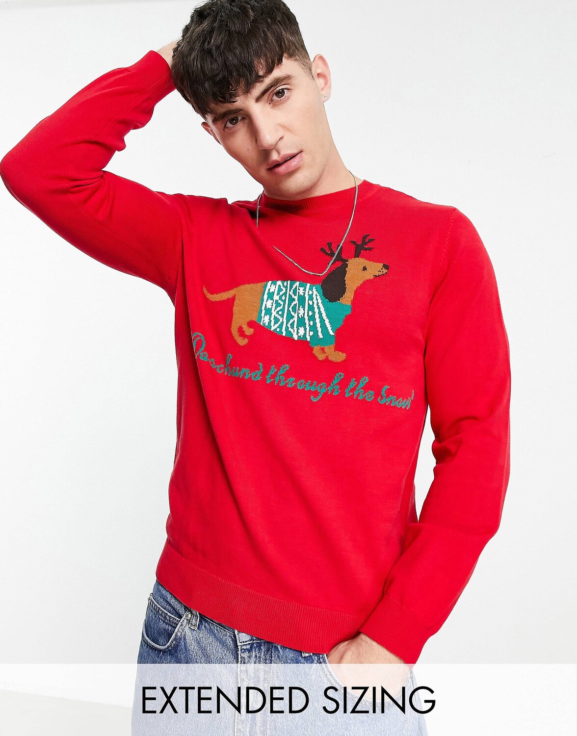 

Красный вязаный рождественский джемпер с собачкой-колбаской ASOS DESIGN