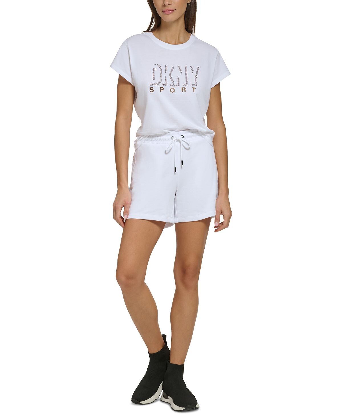 

Женские спортивные шорты из хлопка с логотипом и кулиской DKNY, белый