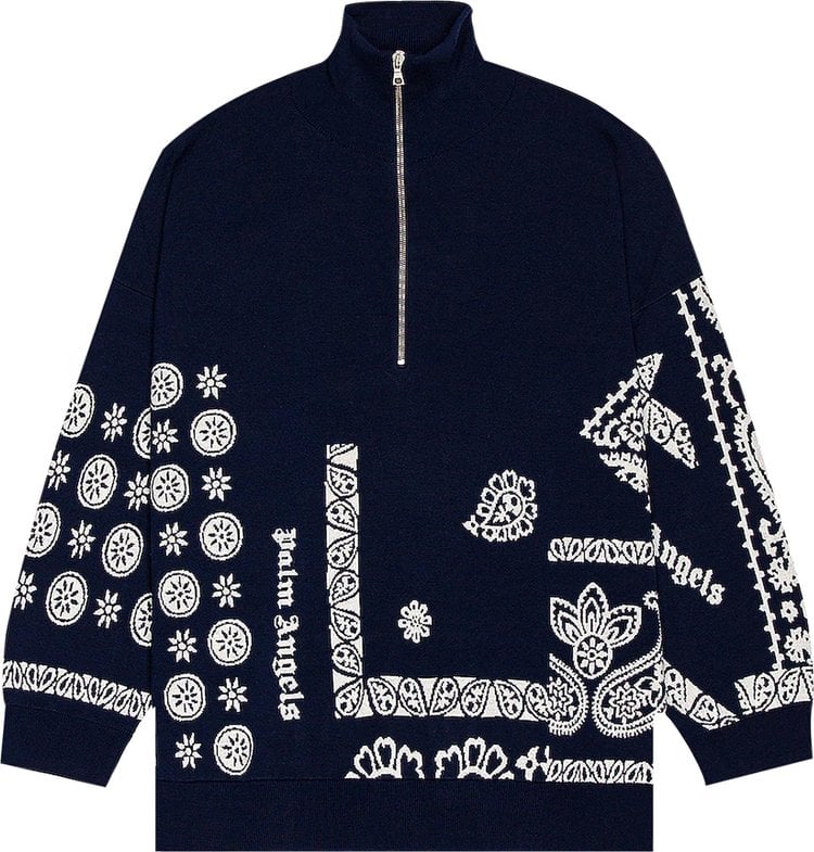 Пуловер Palm Angels Jacquard Bandana Half Zip Pullover 'Blue/White', синий - фото