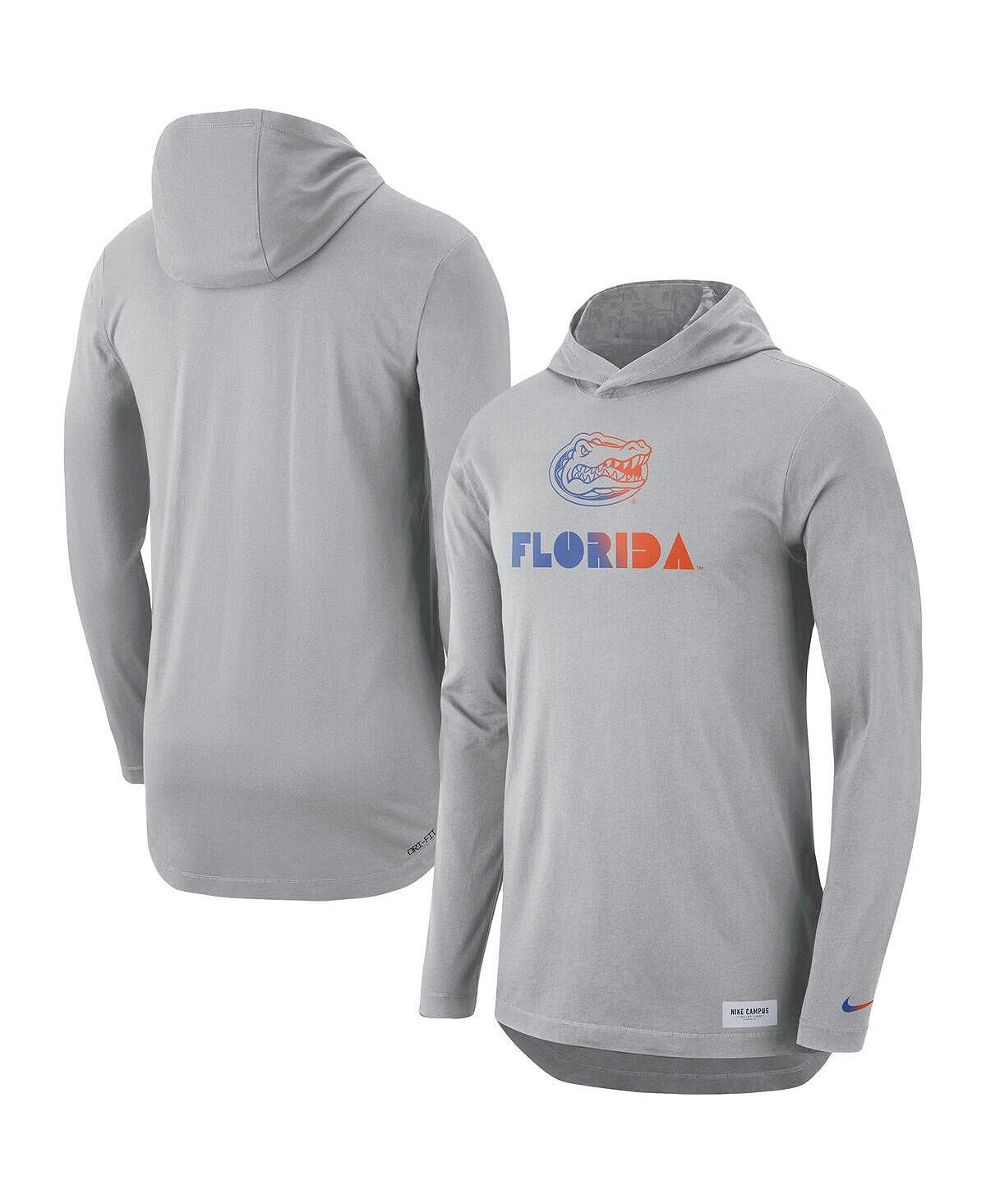 

Мужская серая футболка с капюшоном с длинным рукавом florida gators campus performance Nike, серый