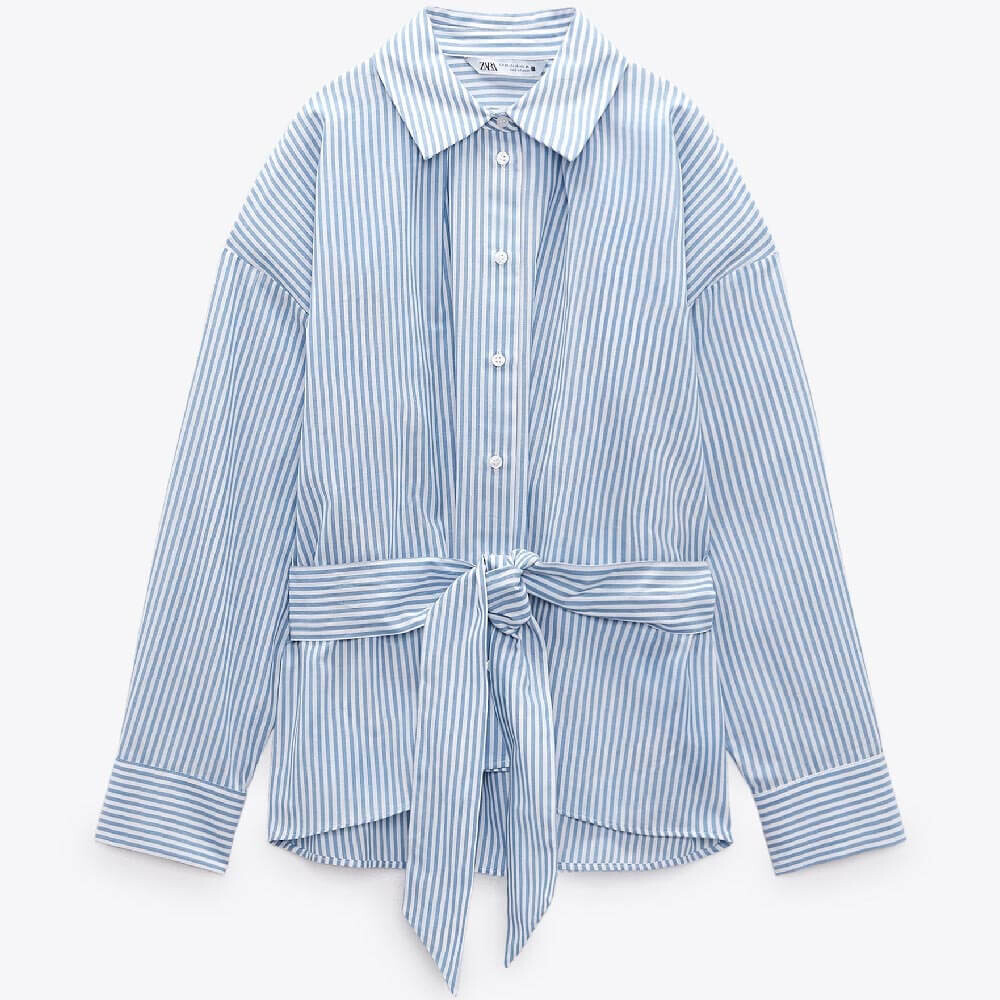 

Рубашка Zara Striped With Belt, синий/белый