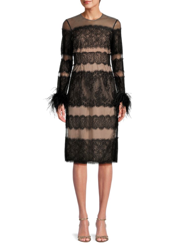цена Кружевное платье-футляр с перьями Mikael Aghal, цвет Black Nude