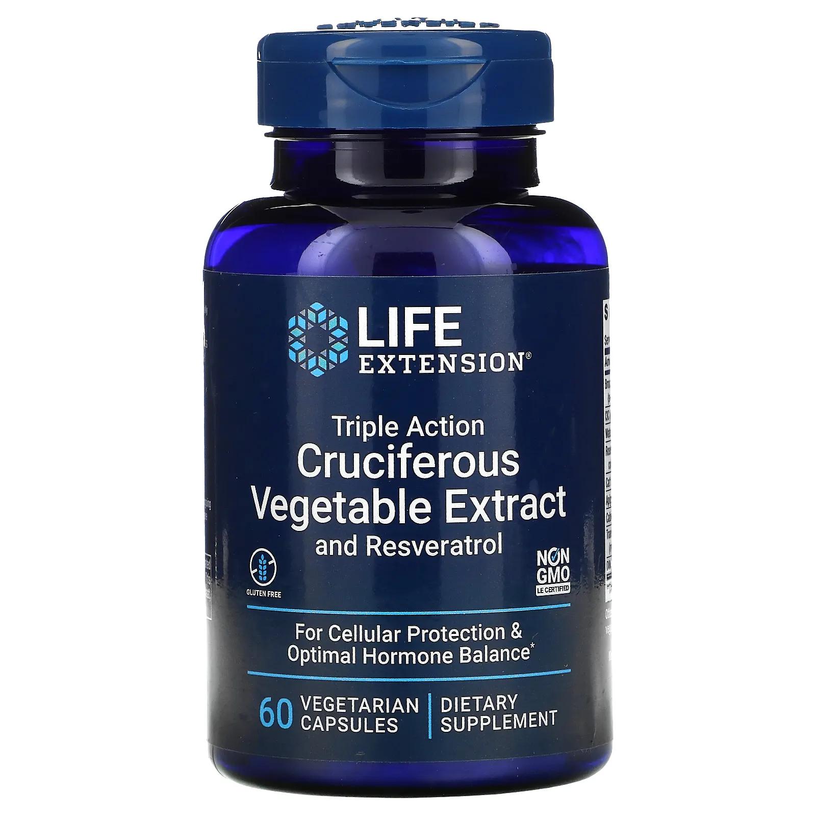 Life Extension Экстракт крестоцветных овощей тройного действия с ресвератролом 60 вегетарианских капсул комплекс для здоровья щитовидной железы тройного действия life extension 60 капсул