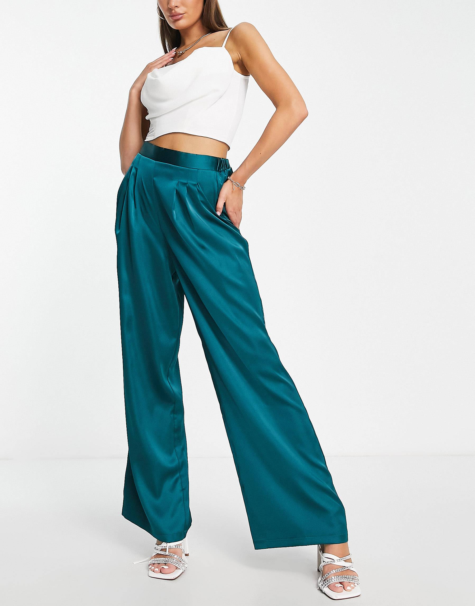 Зеленые атласные брюки со складками ASOS DESIGN