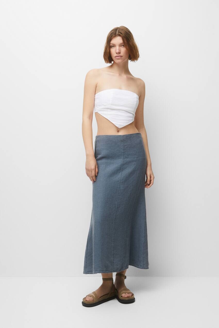 

Длинная льняная юбка Pull&Bear, синий
