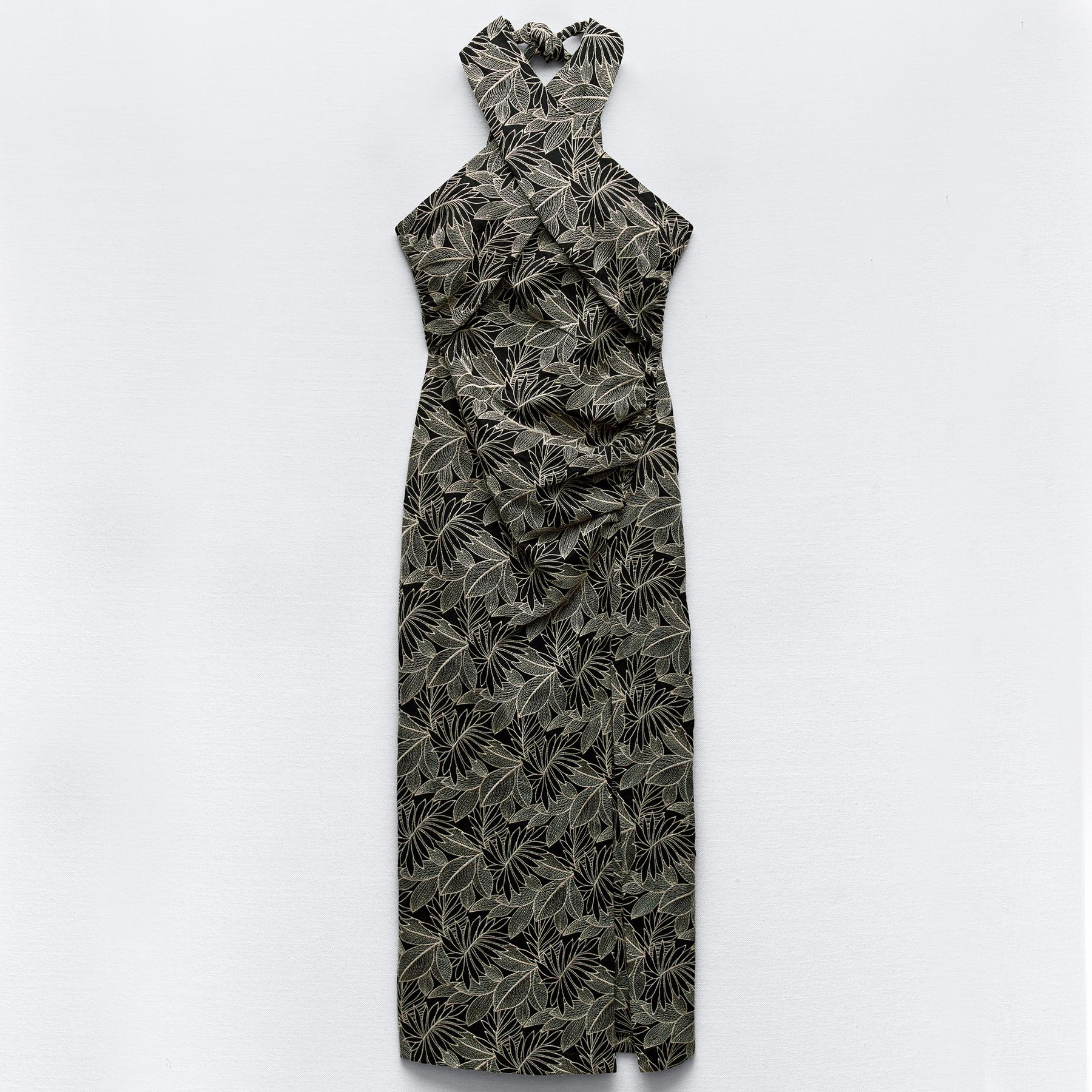 Платье Zara Midi With Embroidered Leaves, черный/белый