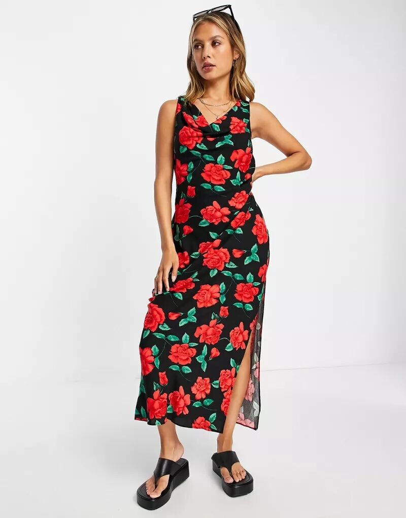 

Платье миди ASOS с воротником-хомутом, рюшами по бокам, разрезом и принтом роз в стиле ретро