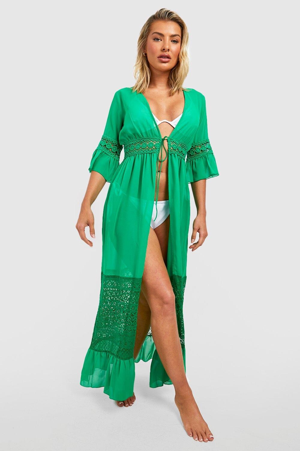 

Шифоновое пляжное кимоно с кружевной отделкой и оборкой на талии boohoo, зеленый