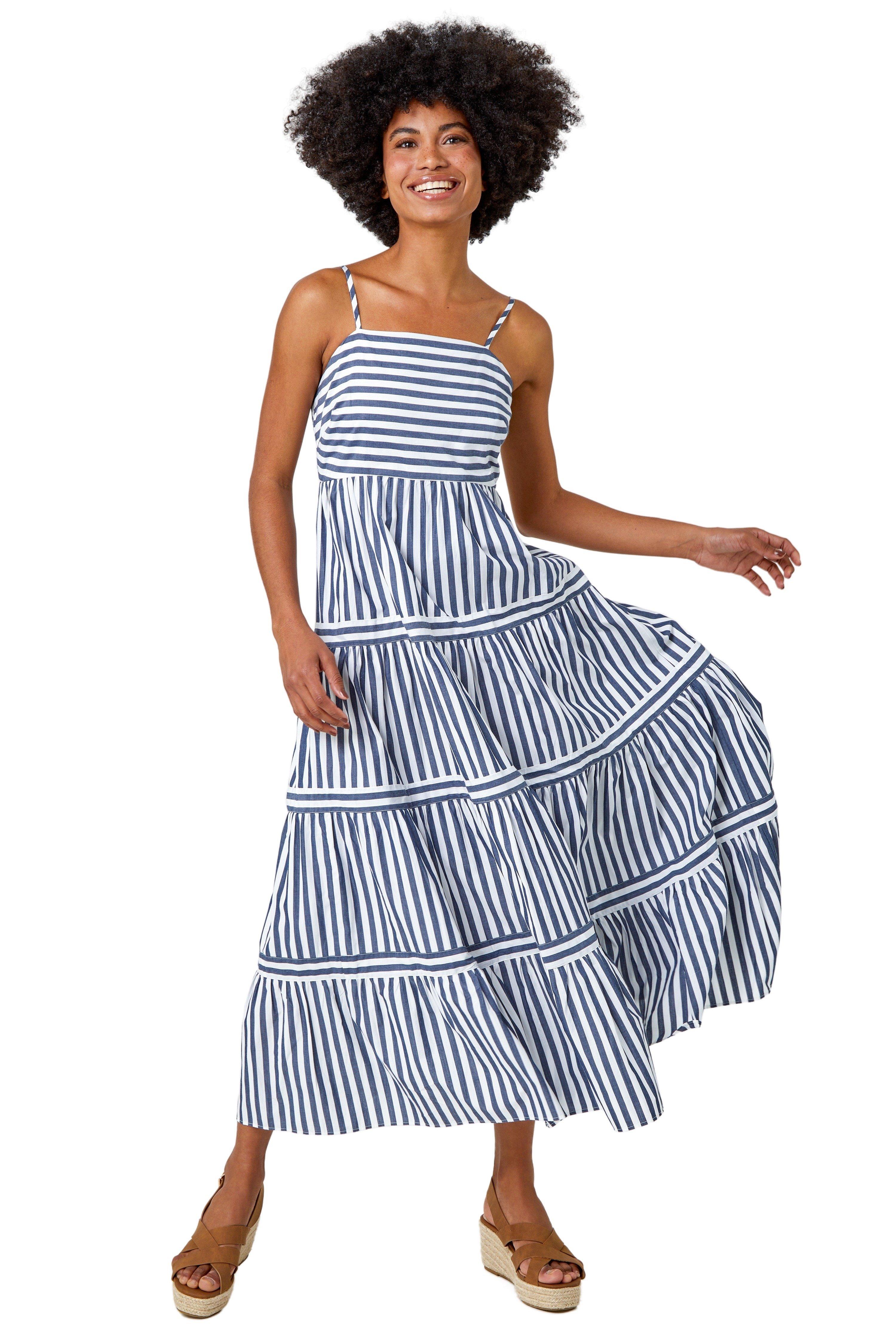 Многоярусное хлопковое платье макси в полоску без рукавов Roman, синий платье в морском стиле якорь