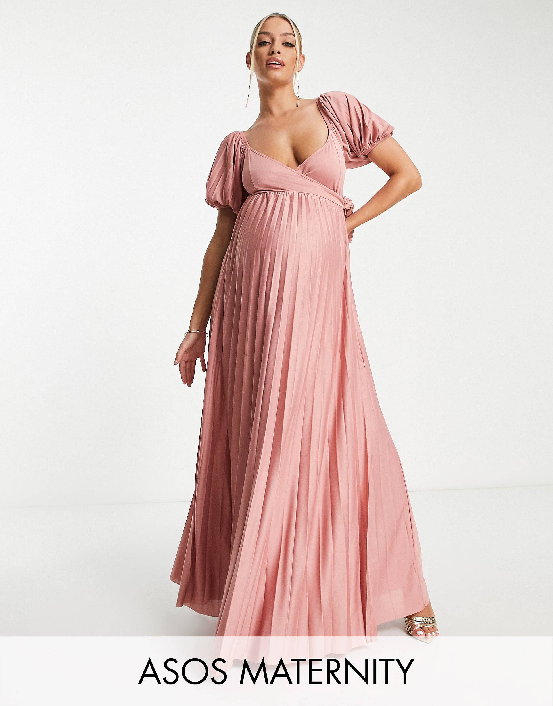 Розовое платье макси с вырезом и пышными рукавами ASOS DESIGN Maternity