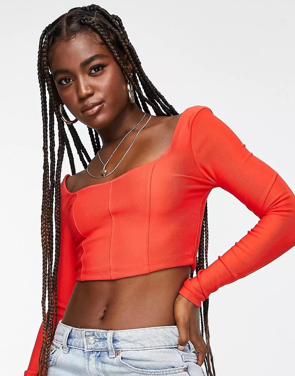 

Корсетный топ Stradivarius Long Sleeve Structured Rib, красный
