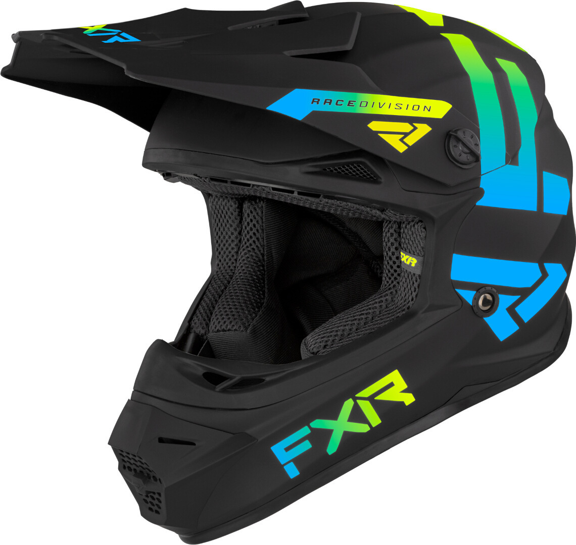 Шлем молодежный FXR Legion 2023 для мотокросса, черный/зеленый/синий