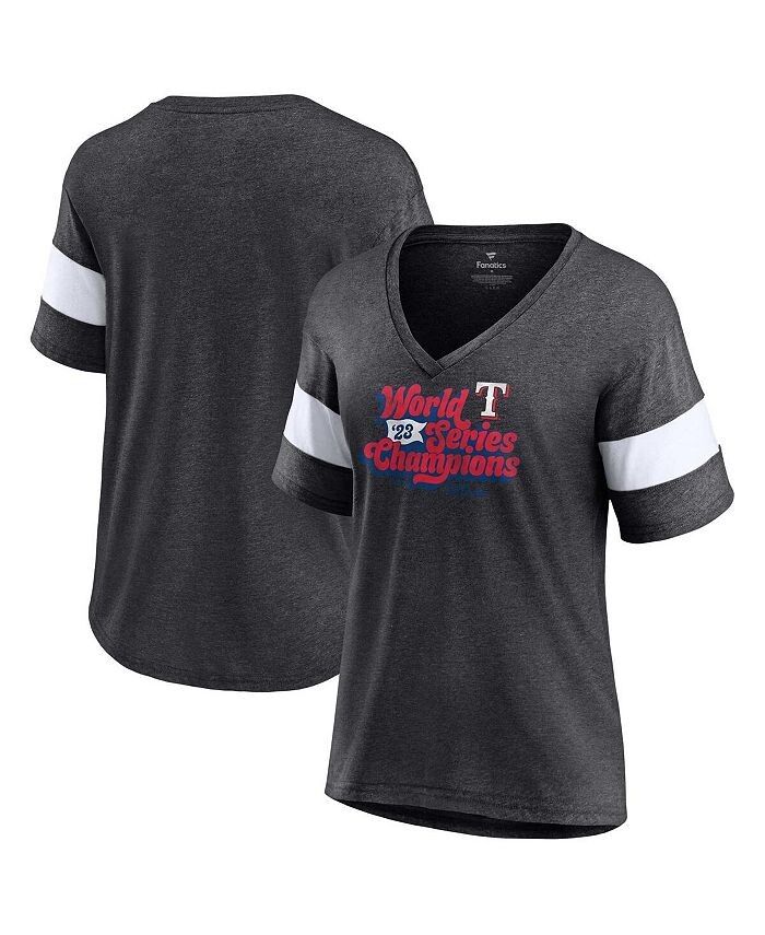 

Женская футболка с логотипом Heather Charcoal Texas Rangers World Series Champions 2023 Play Tri-Blend футболка с v-образным вырезом Fanatics, серый