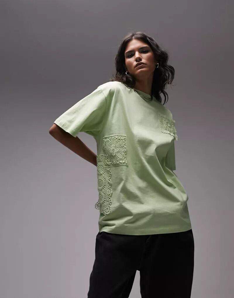 

Ярко-зеленая футболка оверсайз Topshop с нашивками, связанными крючком