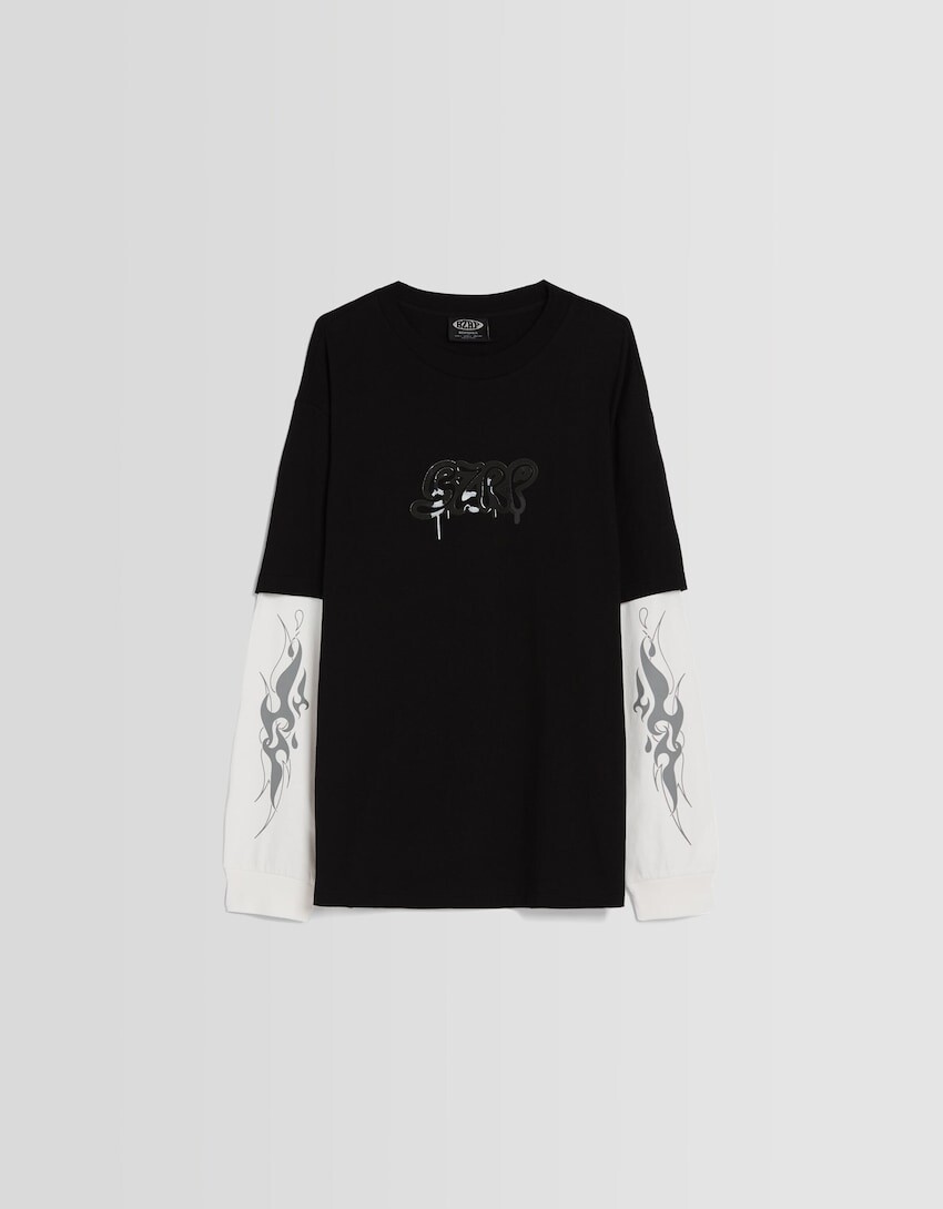 

Футболка BERSHKA ft. BIZARRAP с длинными рукавами, черный