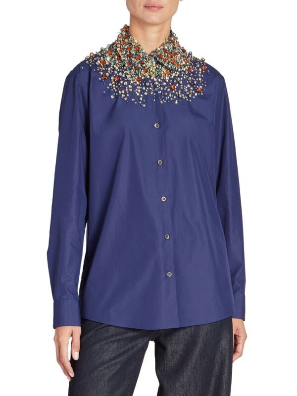 

Рубашка Dries Van Noten Clavelly с кокеткой из бисера, синий