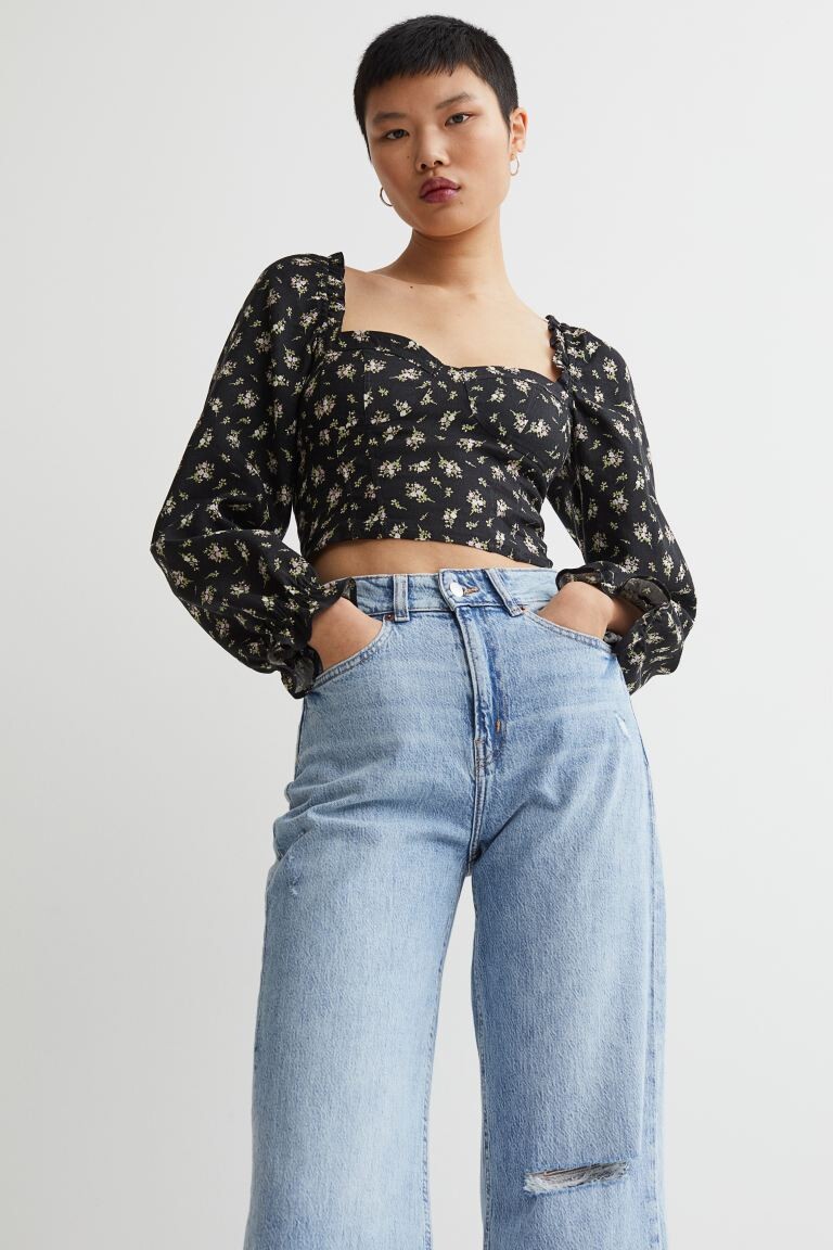 

Блузка с цветочным принтом и оттенком льна H&M, темно-серый/цветы