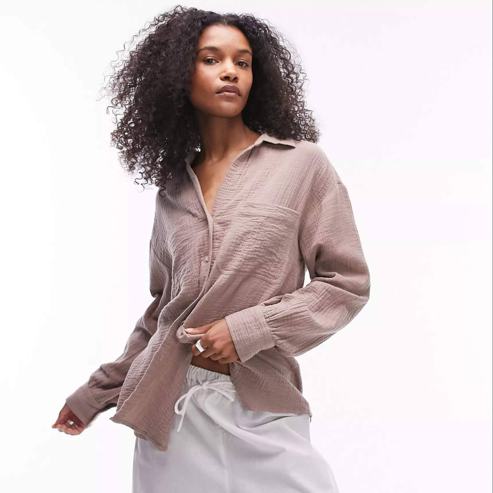 женская ночная рубашка с длинным рукавом и отложным воротником Рубашка Topshop Cotton Casual, бежевый
