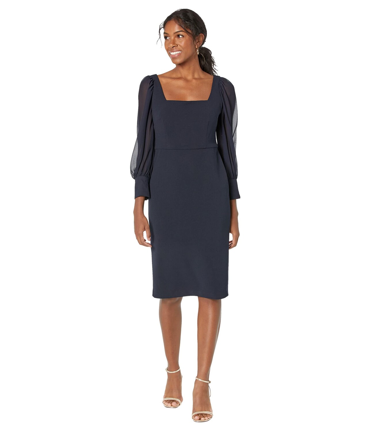 

Платье Maggy London, Petite Midi Dress with Square Neck and Sheer Puff Sleeves
