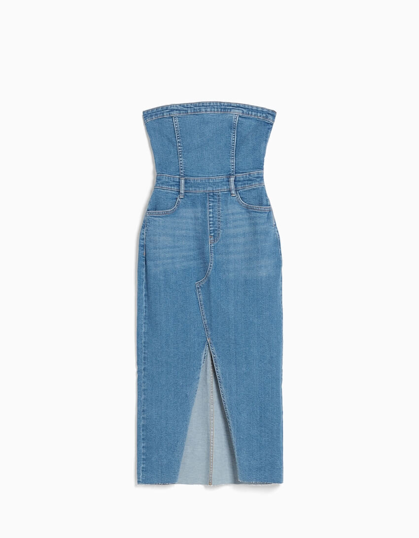 

Платье-бандо Bershka Long Denim, синий