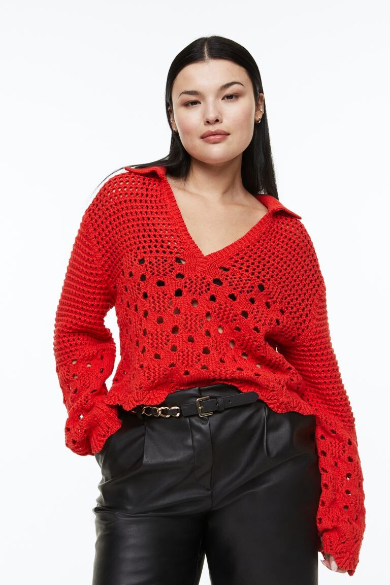 

Хлопковый свитер с ажурным переплетением H&M, красный