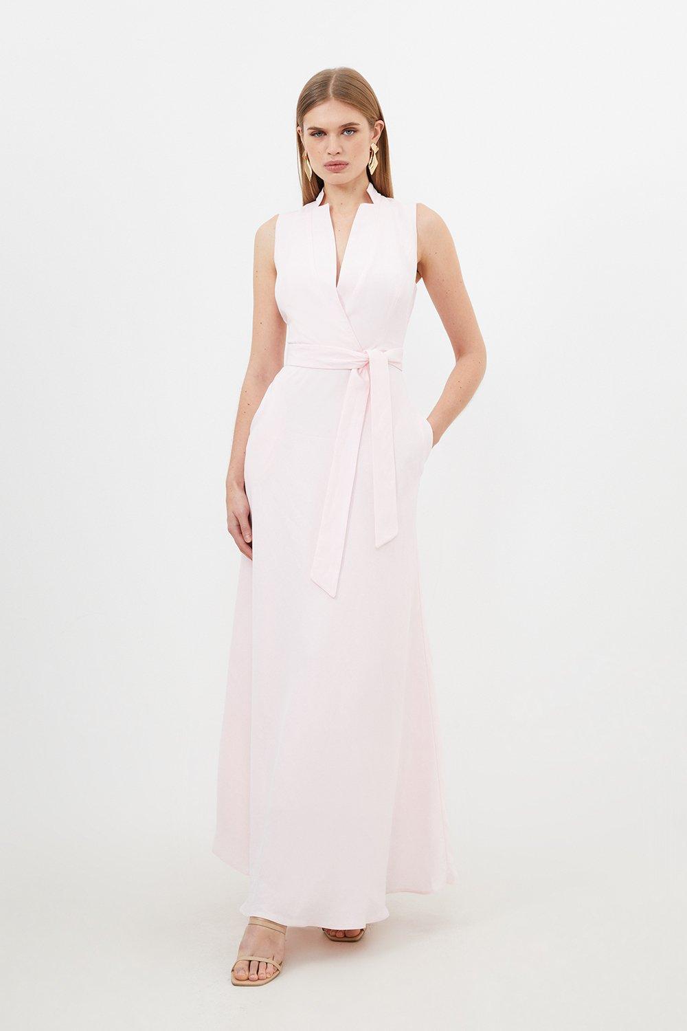 Льняное платье мидакси премиум-класса с вырезом и поясом Karen Millen, розовый