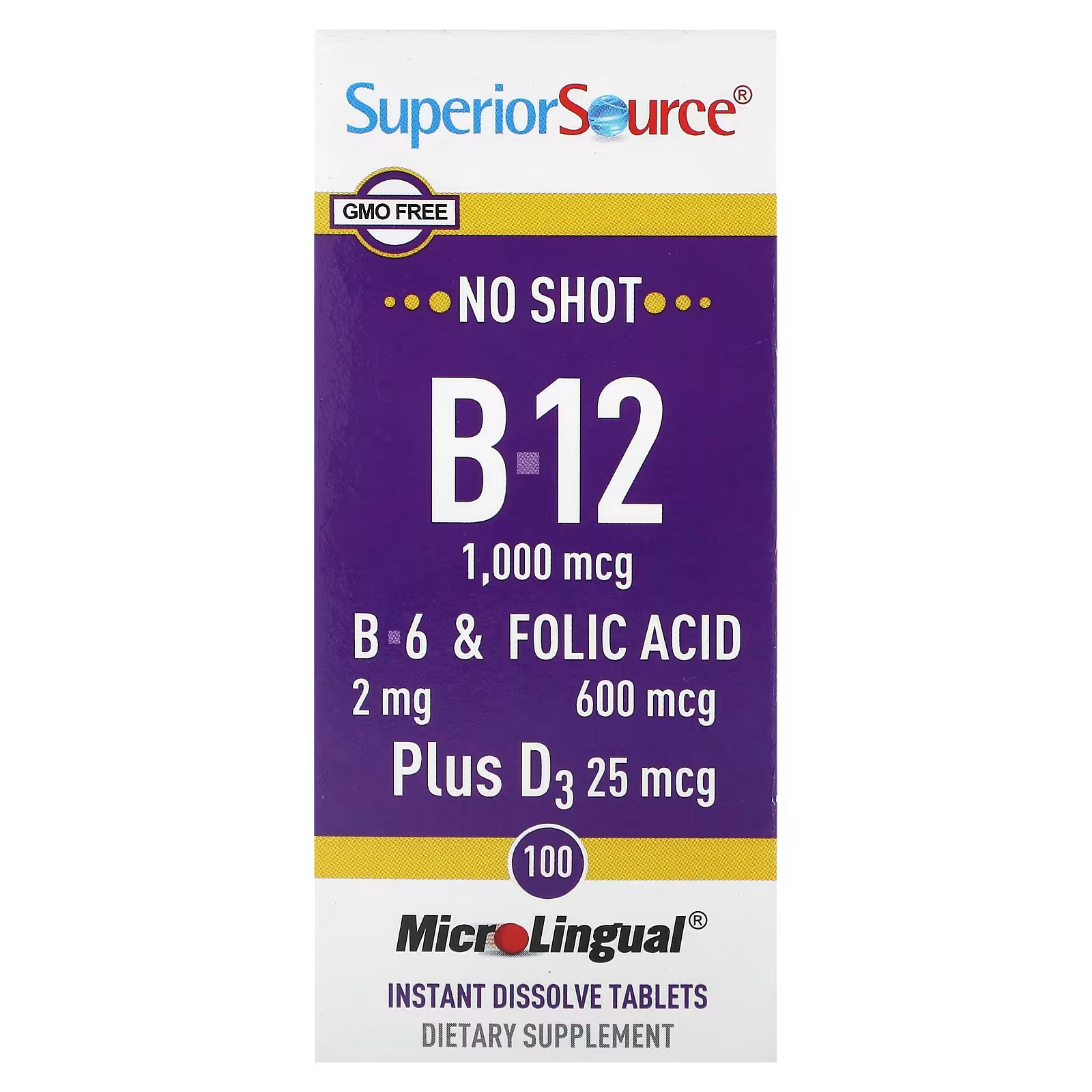 Пищевая добавка MicroLingual Superior Source B-12 B-6 и фолиевая кислота, 100 растворяющихся таблеток метилкобаламин b 12 superior source 90 растворяющихся таблеток