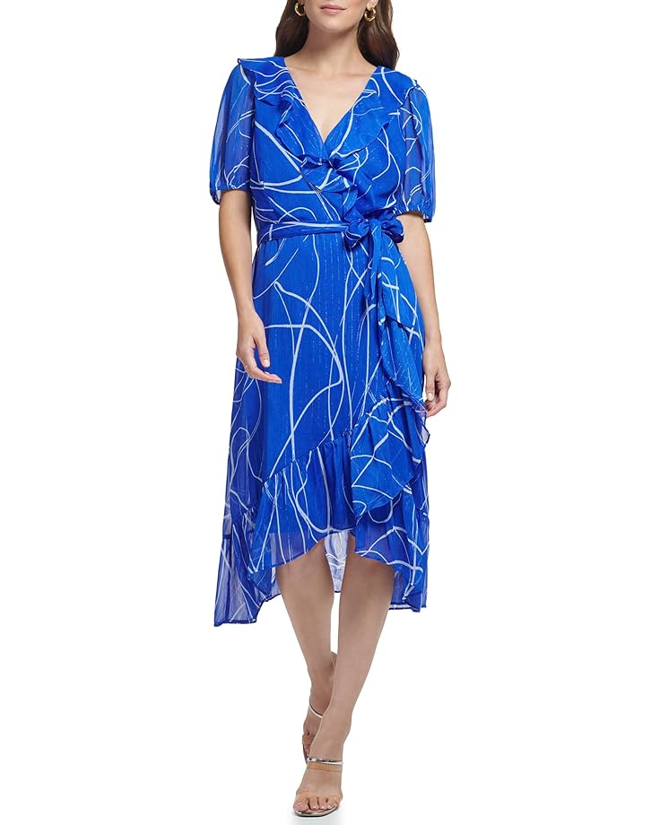 цена Платье DKNY Sleeveless Ruffled Belted, цвет Deep Cobalt/Cream