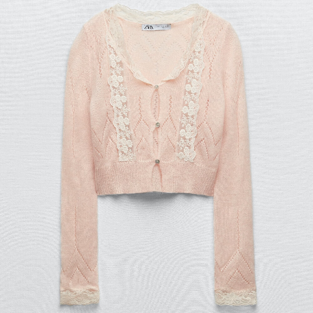 

Кардиган Zara ointelle Knit With Lace, светло-розовый