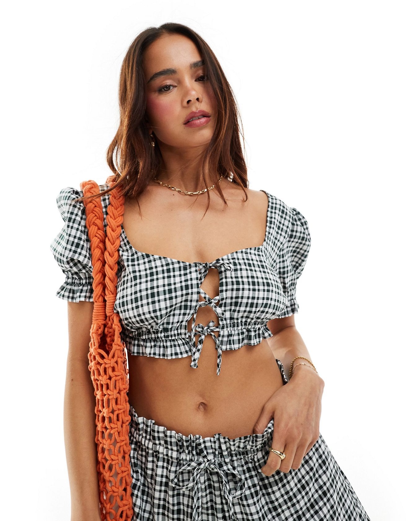 Топ Asos Design Tie Front In Mono Gingham Co-ord, мультиколор топ asos luxe co ord jacquard off shoulder crop in floral мультиколор