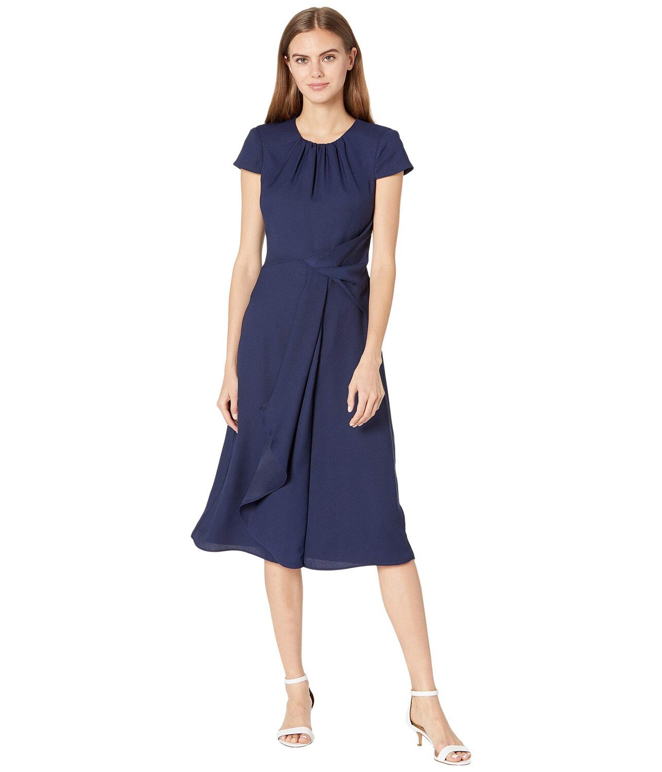 

Платье Vince Camuto, Crepe Back Satin Cap Sleeve Shirring Neck Ruffle Midi