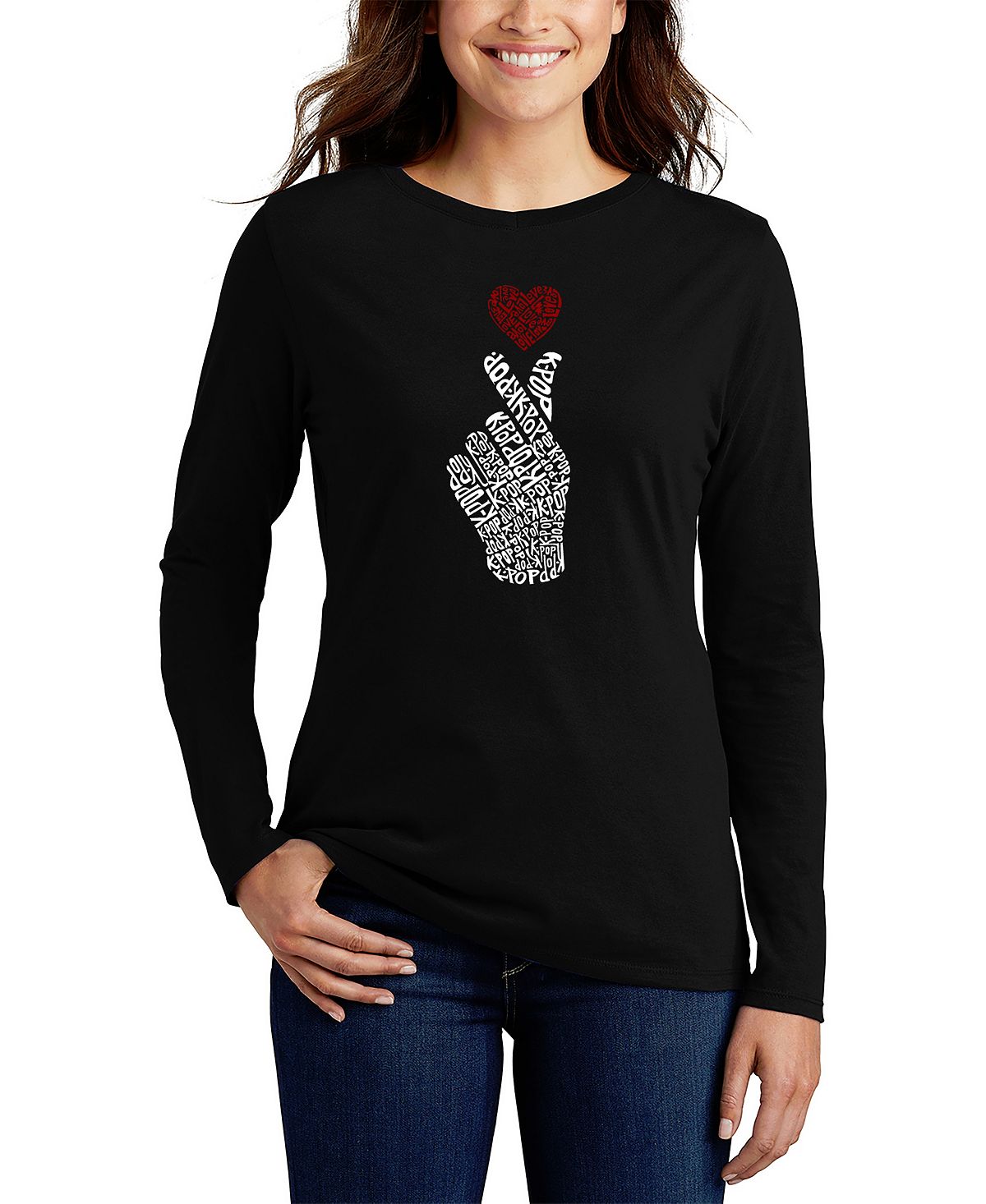Женская футболка с длинным рукавом k-pop word art LA Pop Art, черный