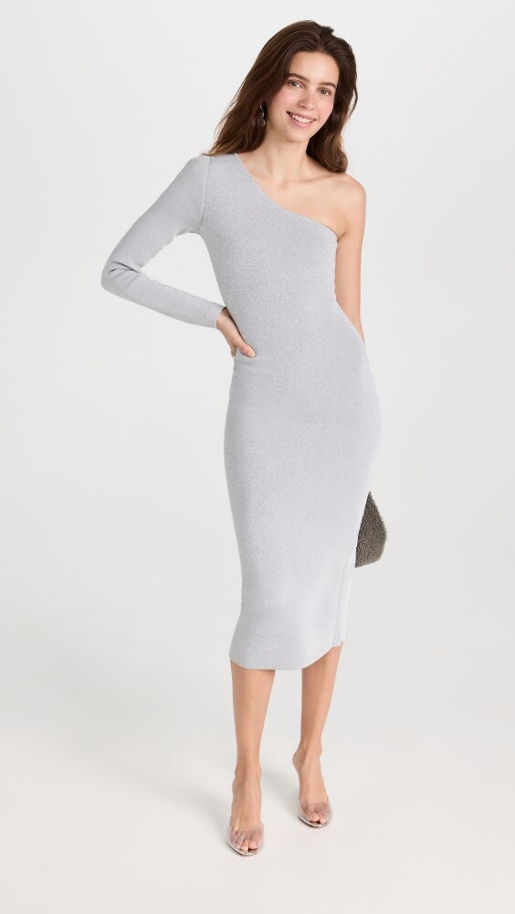 

Платье миди Victoria Beckham Metallic One Shoulder, серебряный