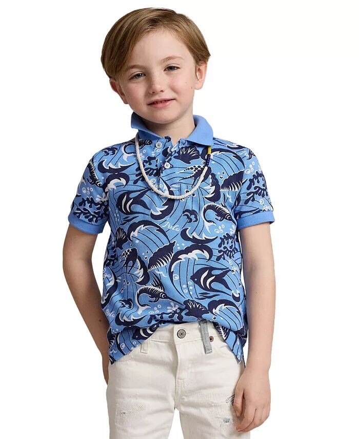 

Рубашка-поло из хлопковой сетки с принтом рифов для малышей и мальчиков Polo Ralph Lauren, синий