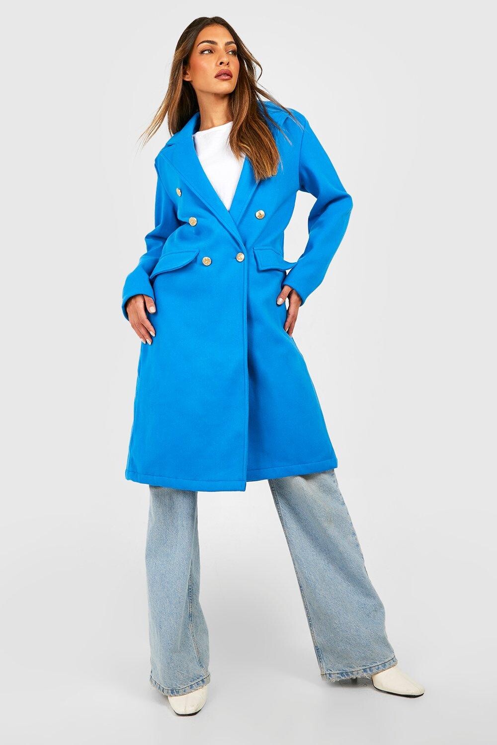 

Двубортное пальто из шерсти Boohoo, кобальтовый