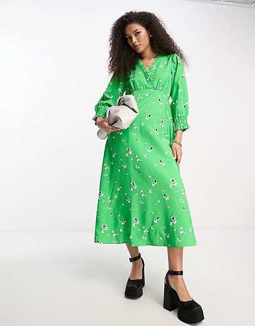 Зеленое платье миди с завязками на спине YAS с цветочным принтом