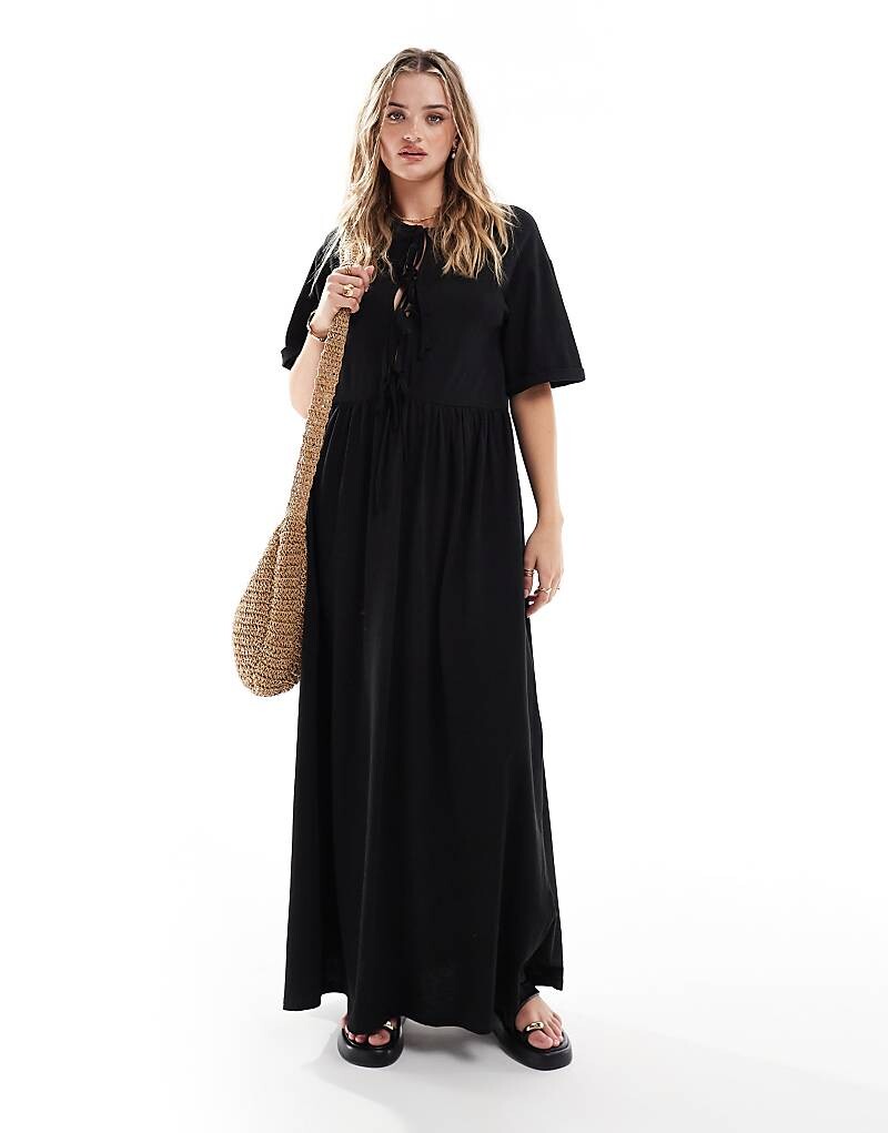

ASOS DESIGN – Черное платье макси со шнуровкой и пышными рукавами