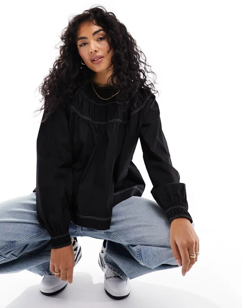 

Черный хлопковый топ со сборками и строчкой ASOS Design