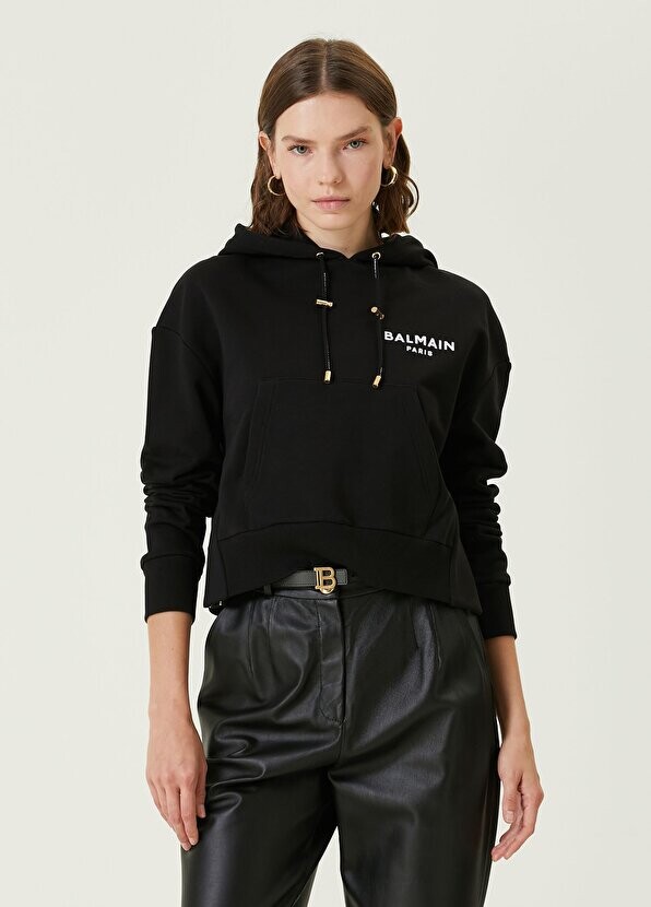 

Черный свитшот с капюшоном и логотипом Balmain