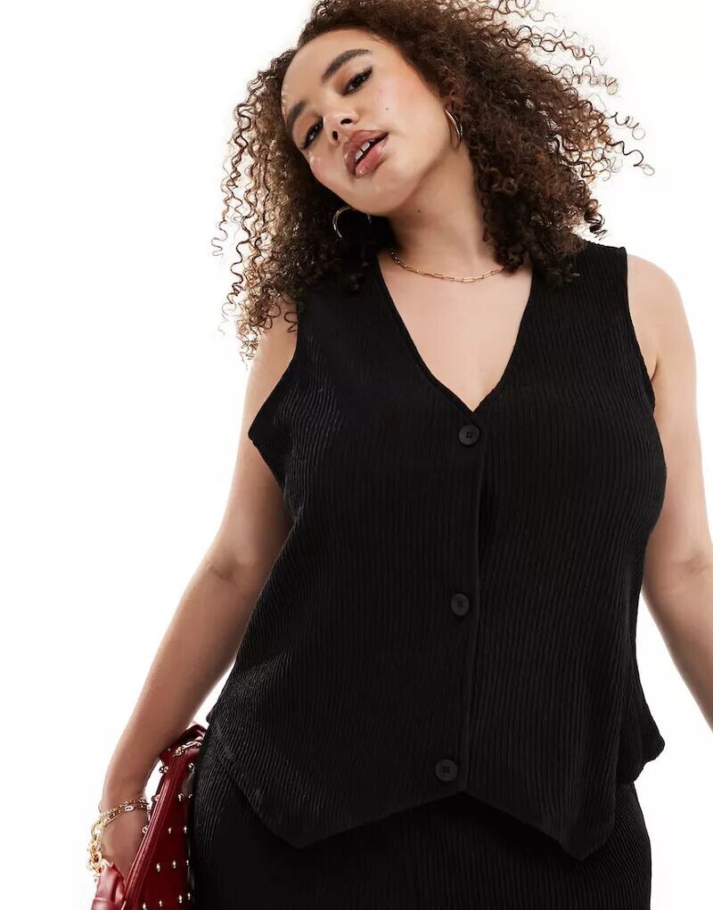 

Vero Moda Curve – черные брюки плиссе широкого кроя, комбинированная деталь